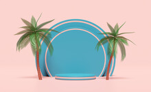 Blue Cylinder Stage Podium Empty With Coconut Palm Tree Isolated On Pink. Modern Stage Display, Minimalist Mockup, Abstract Showcase Background. Concept 3d Illustration, 3d Render