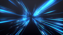 Abstract Dark Glow  Blue Light Rays Background. Perspective View Of Blue Laser Light Burst Motion. Long Exposure Time Warp Speed Lights Lines Blue Background Zoom In. 4K