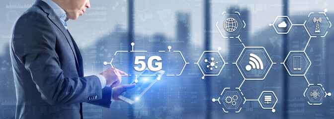 Wall Mural - 5g network wireless internet concept. man touching 3d icon 5g