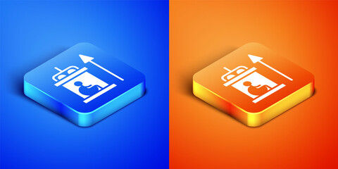 Sticker - Isometric Elevator for disabled icon isolated on blue and orange background. Square button. Vector