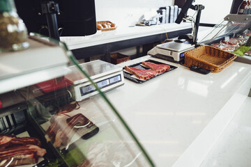 Wall Mural - Chopped raw meat in tray in a butcher shop.