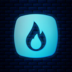 Sticker - Glowing neon Fire flame icon isolated on brick wall background. Vector