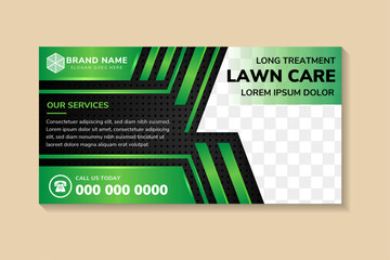 Wall Mural - lawn care and gardening service using green gradient color. brochure template design with horizontal layout. dot pattern on dark grey background. space for photo collage and text.