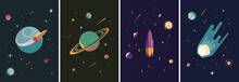 Collection Of Space Posters. Placard Designs In Flat Style.