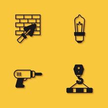 Set Brick Wall With Trowel, Crane Hook, Electric Drill Machine And Light Bulb Icon With Long Shadow. Vector