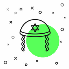 Sticker - Black line Jewish kippah with star of david and sidelocks icon isolated on white background. Jewish yarmulke hat. Vector