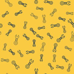 Poster - Blue line Wrench spanner icon isolated seamless pattern on yellow background. Vector