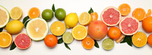 Different Citrus Fruits On White Background, Top View
