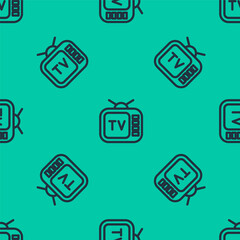 Poster - Blue line Retro tv icon isolated seamless pattern on green background. Television sign. Vector