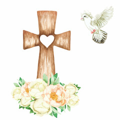 Watercolor Easter illustration with wooden cross. Perfect for printing, web, textile design, souvenirs.