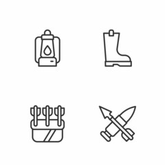 Canvas Print - Set line Crossed bullet with arrow, Quiver arrows, Camping lantern and Waterproof rubber boot icon. Vector