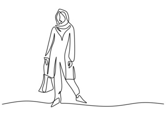 Wall Mural - One continuous single line of stylish veil muslim businesswoman isolated on white background.