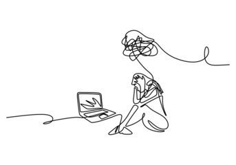 Wall Mural - One continuous single line of sad woman sitting in front laptop isolated on white background.
