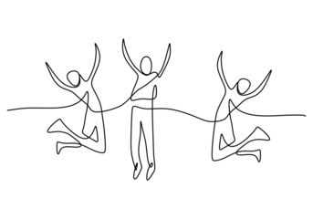 Wall Mural - One continuous single line of happy people jumping isolated on white background.