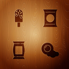 Wall Mural - Set Scrambled eggs, Ice cream, Bag or packet potato chips and on wooden background. Vector