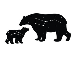 Illustration of ursa major and minor bear. Сelestial animal. Constellation sign on an animal. Mama bear with baby. Polar bear with star sky.