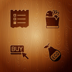 Poster - Set Healthy organic pear, Shopping list, Buy button and bag and food on wooden background. Vector