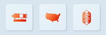 Set USA Map, Cannon And Hotdog Sandwich. White Square Button. Vector