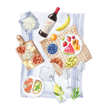 Watercolor Flat Lay Picnic On Light Rug With Red Wine And Glasses, Fruits, Sandwiches, Cheese And Antipasto On Wooden Board. Summer Mood And Outdoor Recreation. Hand Drawn Isolated Illustration.