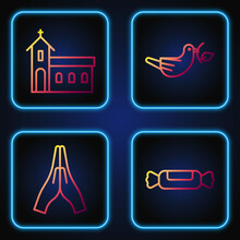 Set Line Candy, Hands In Praying Position, Church Building And Peace Dove With Olive Branch. Gradient Color Icons. Vector