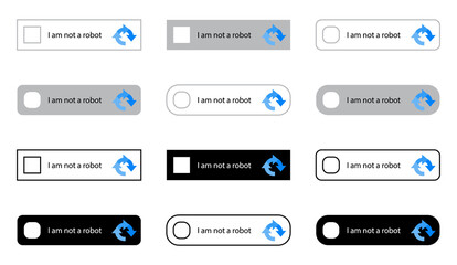 Captcha robot code. Recaptcha button. Captcha test password. Turing web technology. Icons for computer, website and internet. Login icon. Vector