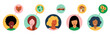 Women think or dream about money, car, house, love, travel. Circle avatars with female portraits of different races. Round icons with smiling persons. Isolated flat cartoon vector illustration.