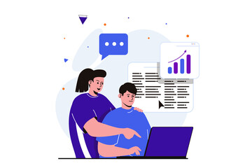 Teamwork modern flat concept for web banner design. Man analyzes data and writes financial report, woman consulting and helping colleague, work together. Vector illustration with isolated people scene