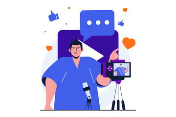 Wall Mural - Video blogging modern flat concept for web banner design. Man blogger recording tutorials on camera and live streaming online. Influencer promotes blog. Vector illustration with isolated people scene