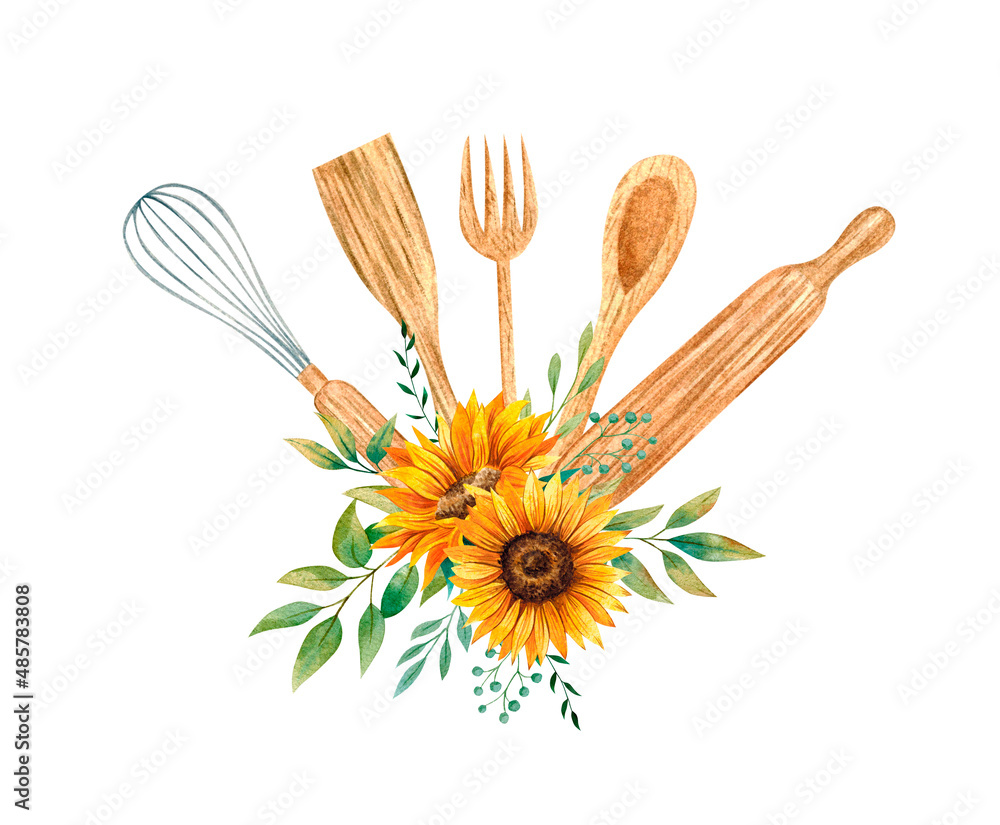 Watercolor kitchen utensils clipart with sunflowers for bakery logo, cards  and other. Hand drawn isolated design on white background Stock  Illustration | Adobe Stock, image size:1000x825