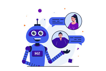 Fototapete - Virtual assistant modern flat concept for web banner design. Artificial intelligence robot responds to customer messages, helps and advises in app. Vector illustration with isolated people scene