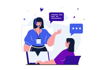 Wall Mural - virtual assistant modern flat concept for web banner design. woman communicates with operator, liste