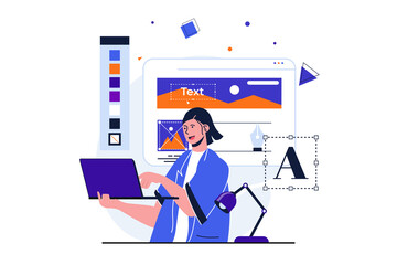 Fototapete - Web designer modern flat concept for web banner design. Woman creates content to fill site, works with digital graphics using drawing tools at laptop. Vector illustration with isolated people scene