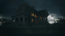 Abandoned Creepy Manor House With Illuminated Windows Under A Dark Cloudy Sky. 3D Render.