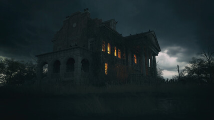 Abandoned creepy manor house with illuminated windows under a dark cloudy sky. 3D render.