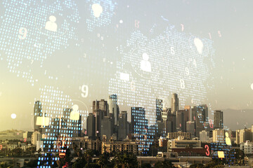 Wall Mural - double exposure of social network icons interface and world map on los angeles office buildings back