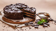 Food banner. Chocolate cake with salted caramel on a beige background. Homemade delicious pastries. Sweet dessert.