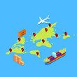 © Creativa Images - Shipping vector concept. Airplane and ship delivering export packages on the worldwide with location pins on the world map