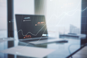 Double exposure of abstract creative statistics data hologram on computer background, analytics and forecasting concept