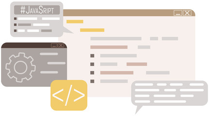 Application for work of programmers graphics creation and completing tasks vector illustration of screen with information letters and gear. Software development program. Concept of working on computer