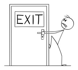 Canvas Print - Person Trying to Open Locked or Blocked Exit Door , Vector Cartoon Stick Figure Illustration