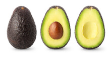 Isolated Avocados. Whole Black Avocado Fruit, Half With Seed And A Half Without Isolated On White Background With Clipping Path