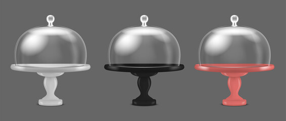 Poster - Realistic Detailed 3d Glass Cake Stand with Dome Lid Set. Vector illustration of Tray with Transparent Cover