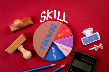 SKILL. Strategy concept. Analysis and planning, office items on a red background