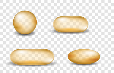 realistic gel capsules vitamin supplementation isolated on transparent background, capsules with oil gold round and oval pills.
