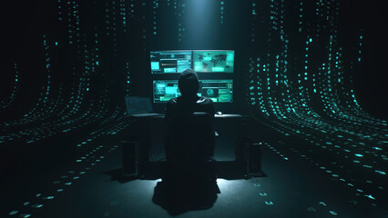 Minimalistic concept of alone hacker programmer surrounded by green programming codes in a dark ambient cyber space, sitting at a table with four monitors doing a hacking attack