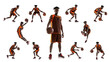Collage of portrait of professional basketball player in brown uniform playing, training isolated over white background