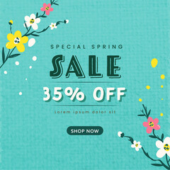 Sticker - Spring Sale Poster Design With 35 % Discount Offer And Floral On Blue Jute Texture Background.