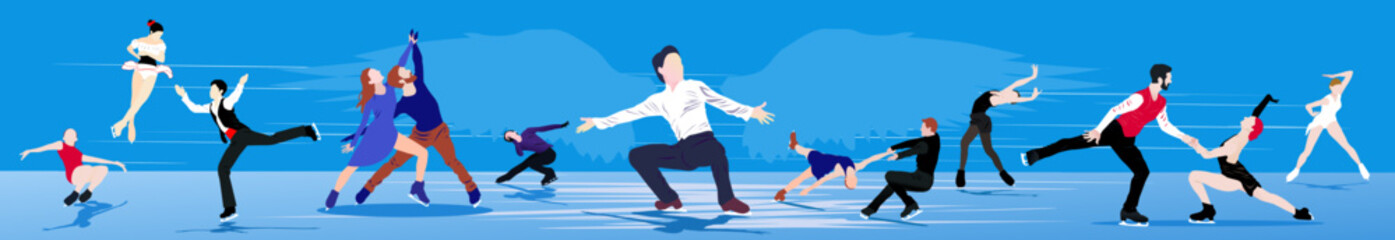 Wall Mural - Set of cartoon character abstract people skating on ice on abstract blue background