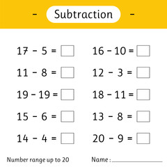 Wall Mural - Subtraction. Number range up to 20. Math worksheet for kids. Mathematics. Solve examples and write. Developing numeracy skills