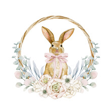 Watercolor Illustration Easter Card With Wreath, Flowers, Eucalyptus, Bunny. Isolated On White Background. Hand Drawn Clipart. Perfect For Card, Postcard, Tags, Invitation, Printing, Wrapping.